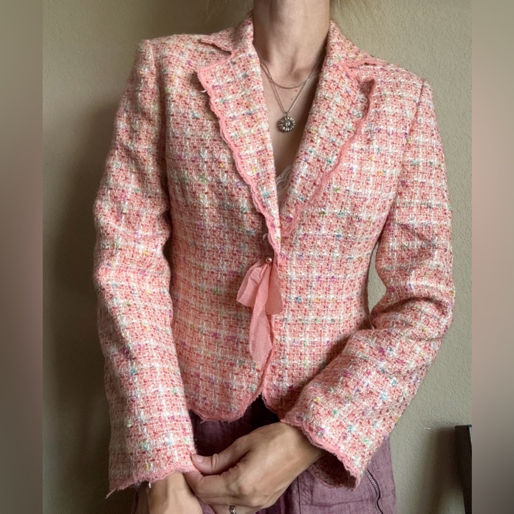 Vintage Pink Woven Knit Tweed Suit Jacket 4 ICE - Picture 1 of 13